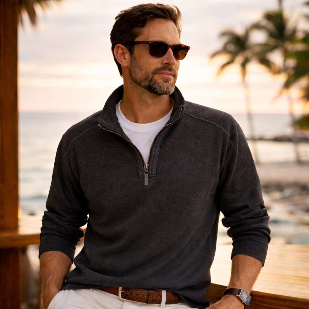 Tommy Bahama Flipshore Reversible Gray Half-Zip Knit Sz Large Cozycore Travel